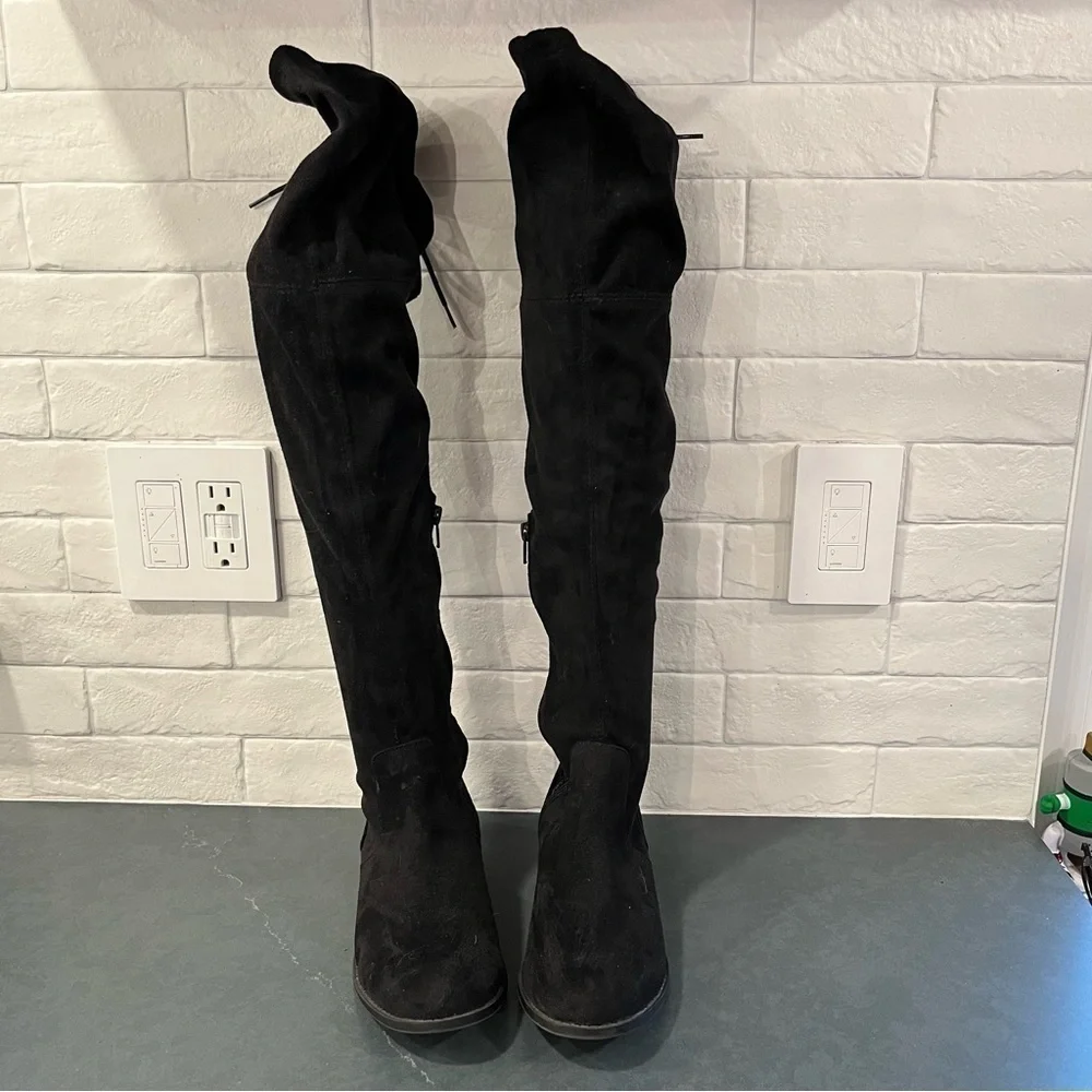 ANA sz 7 Pixie black vegan micro suede OTK boots